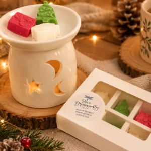 Kit Magia de Navidad: pebetero artesanal blanco con waxmelts navideños y cajita de 12 waxmelts Blue Dragonfly