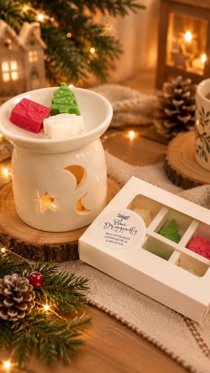 Kit Magia de Navidad: pebetero artesanal blanco con waxmelts navideños y cajita de 12 waxmelts Blue Dragonfly