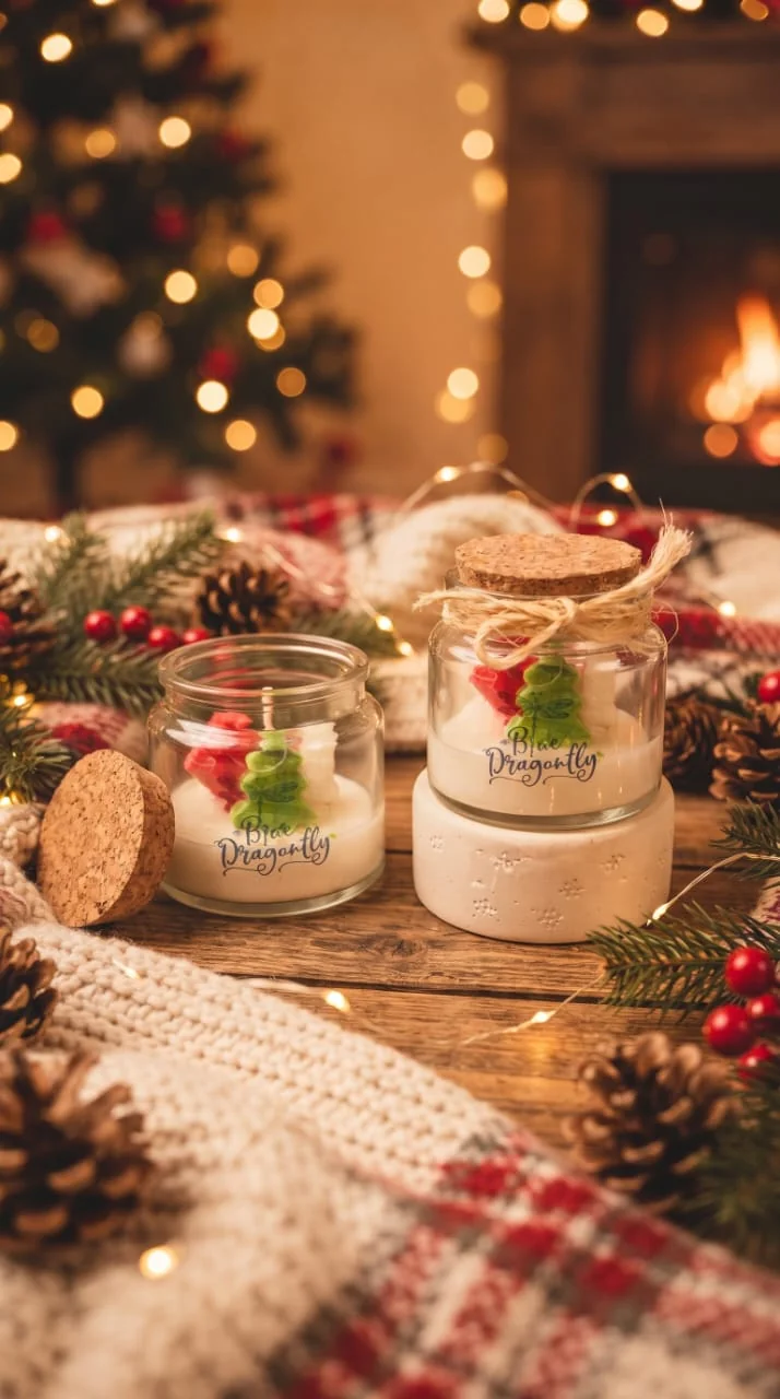 Navidad Encantada: velas en frasco de vidrio con tapa de corcho, lazo de yute y figuras navideñas Blue Dragonfly