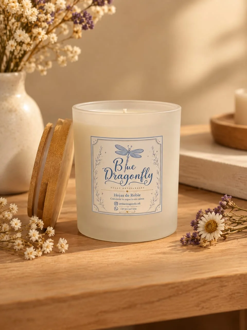 Vela Aura: vela de cera de soya en contenedor de vidrio esmerilado con tapa de bambú y etiqueta Blue Dragonfly, sobre mesa de madera clara con flores secas