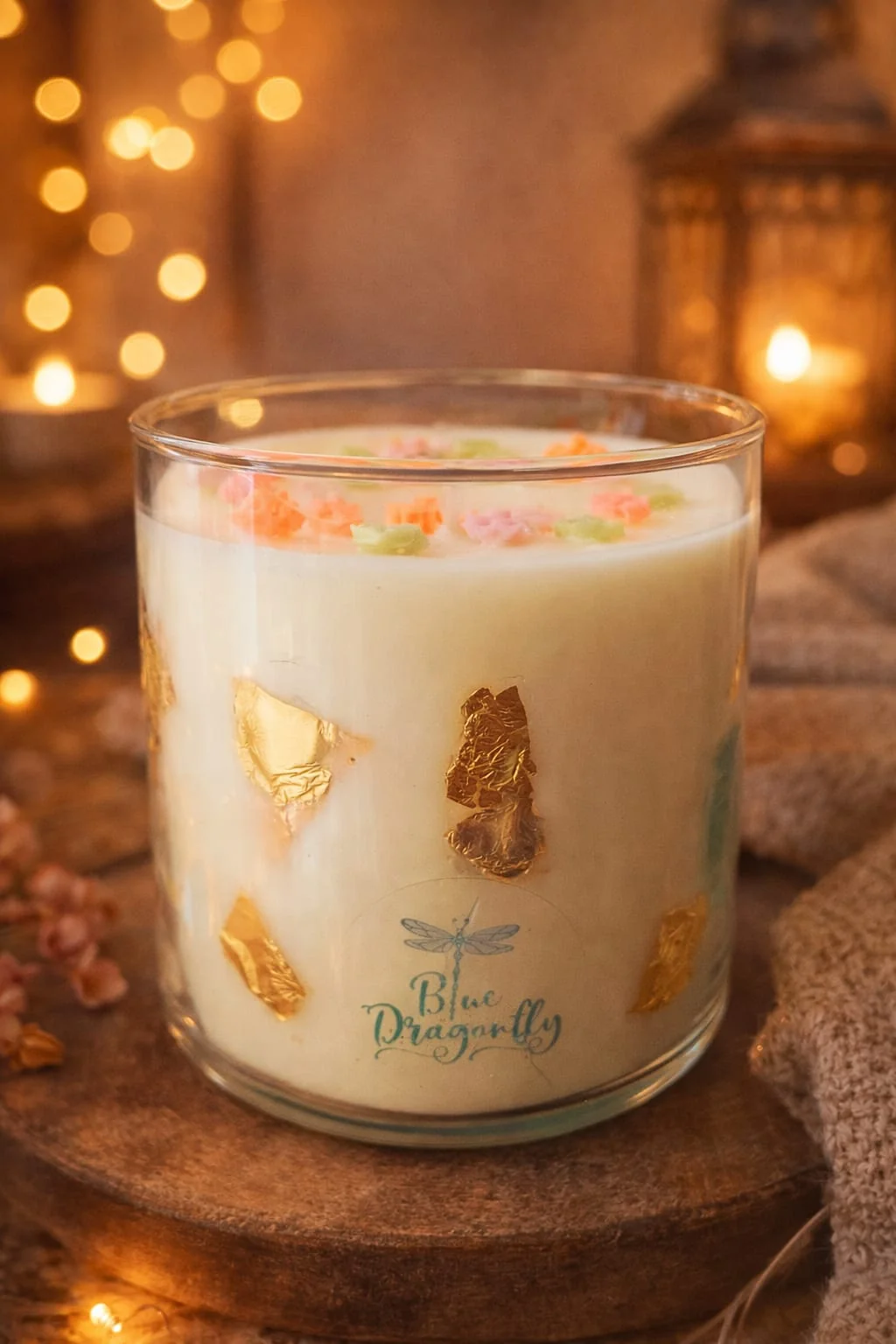 Vela Quietud: vela cilíndrica grande de cera de soya en contenedor de vidrio con hojuelas doradas y flores de cera, Blue Dragonfly