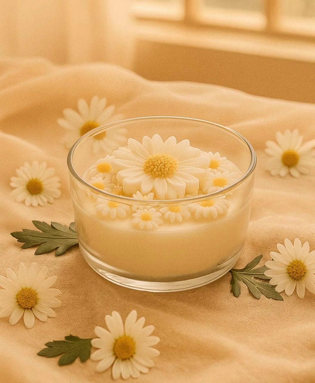 Vela Margarita: vela de cera de soya en contenedor de cristal con margaritas de cera en la superficie, sobre lino claro, Blue Dragonfly
