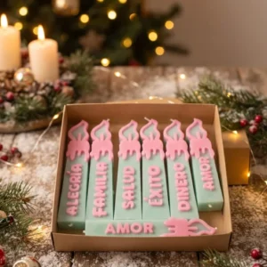 Caja kraft con 6 velas verde menta con palabras de intención en rosa: Alegría, Familia, Salud, Éxito, Dinero y Amor, Blue Dragonfly